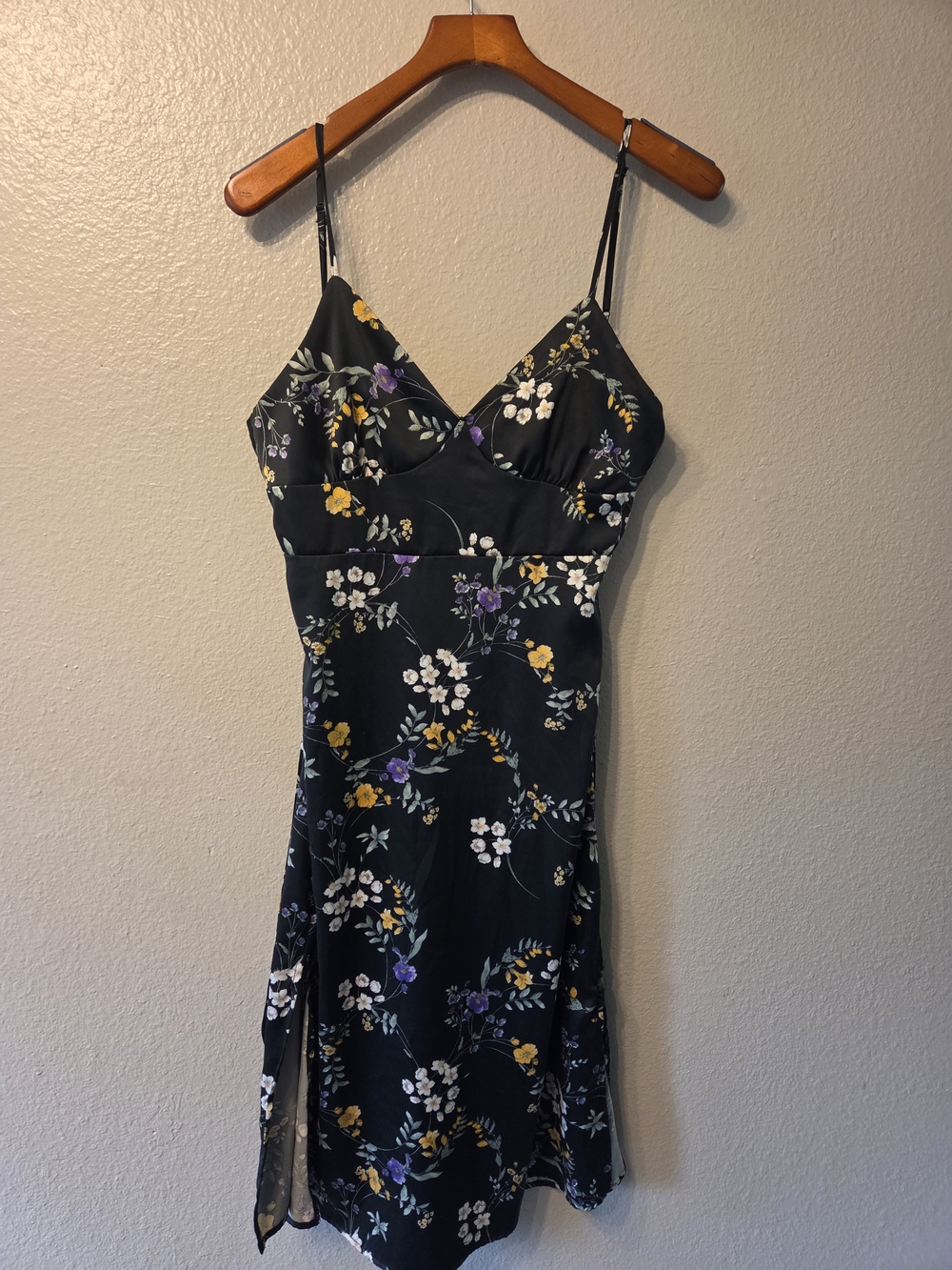 Pink Rose Black Floral Midi Slip Dress Tie And Open Back Side Slits